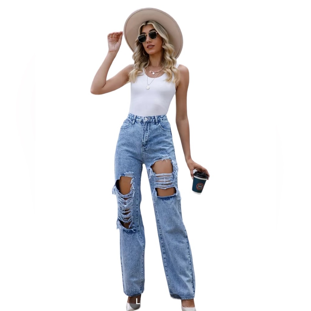 Ripped Front High Rise Loose Fit Wide Legged Jeans